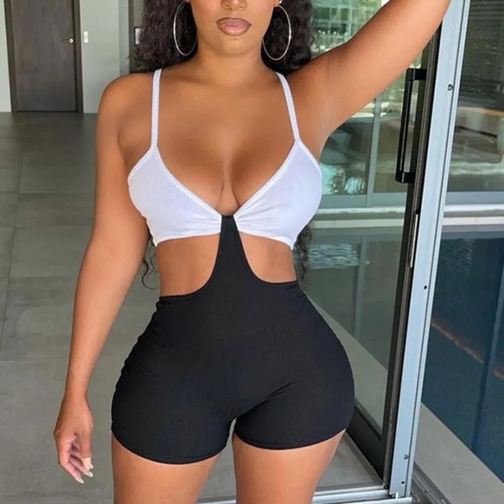 Contrast Color Hollow Out Sleeveless Shorts Romper